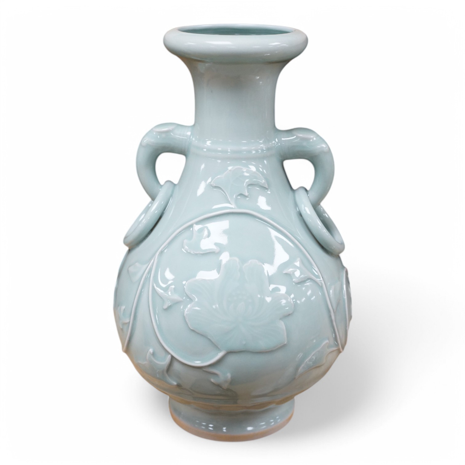 A Chinese celadon two handled vase, 32cm high. Condition - hole drilled to base.